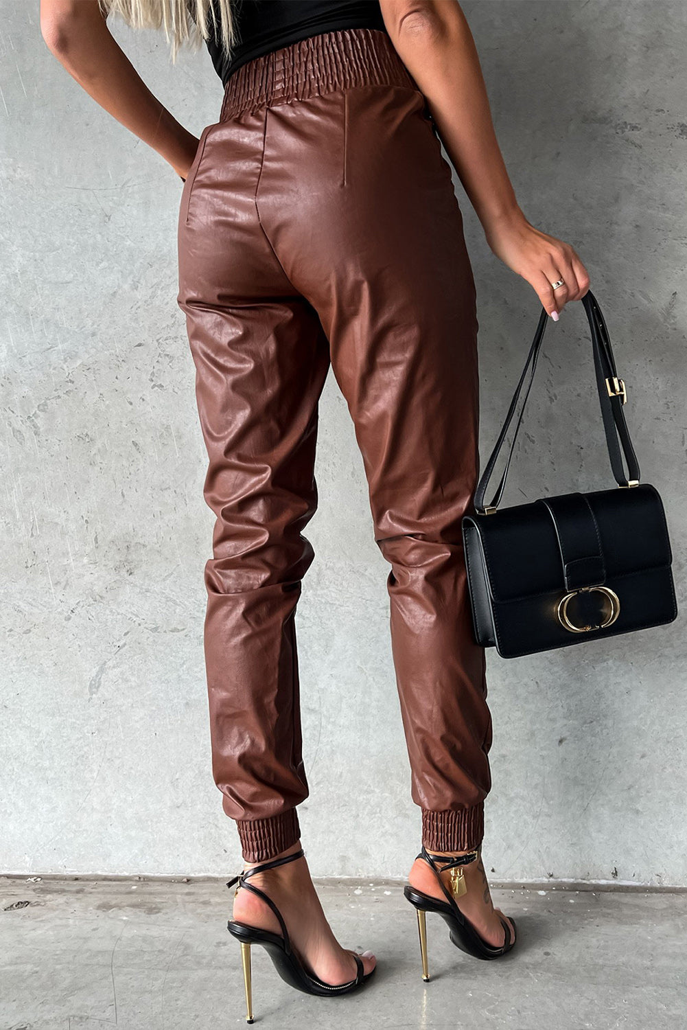 Brown High-Waist Leather Skinny Pants