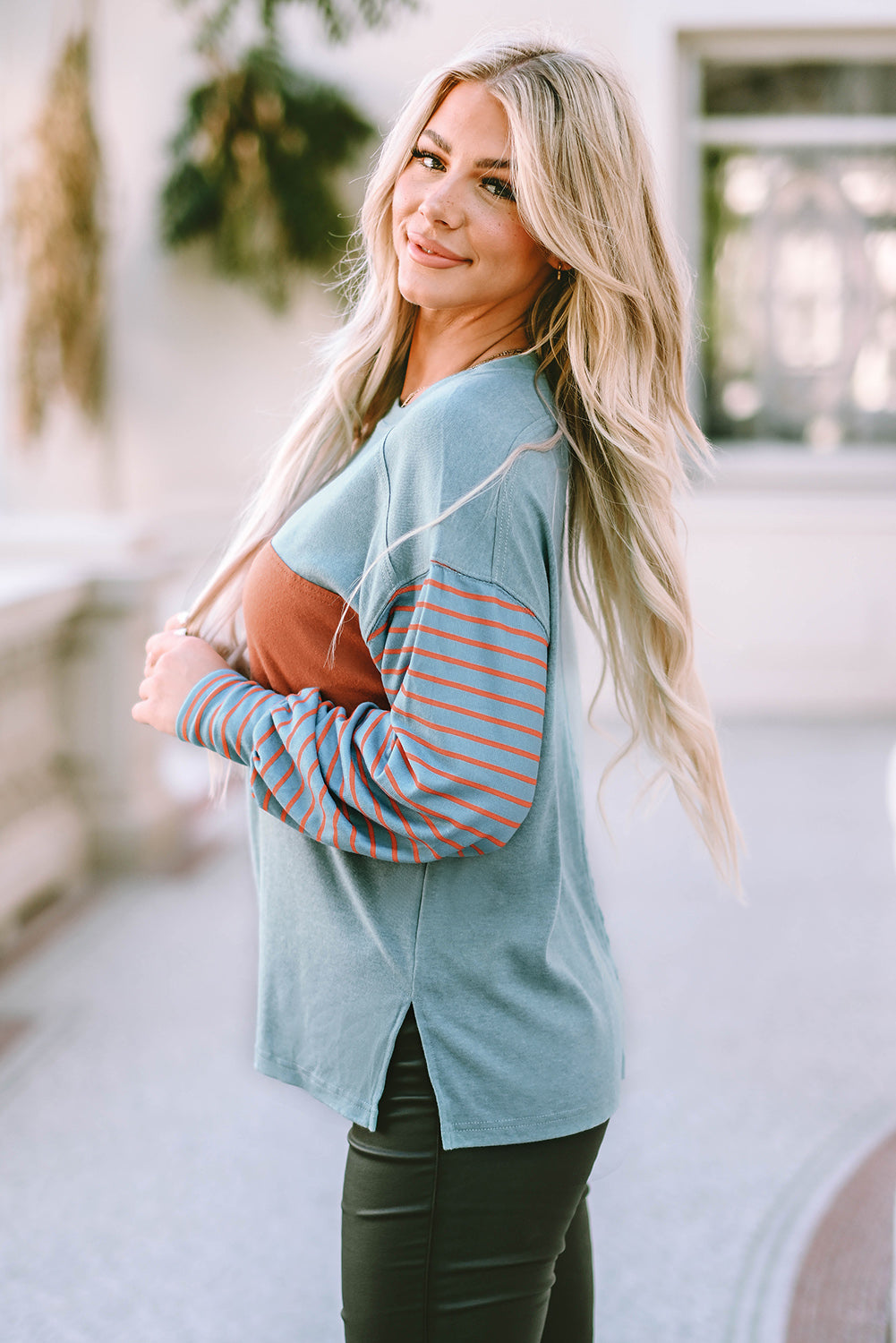 Colorblock Striped Bishop Sleeve Top