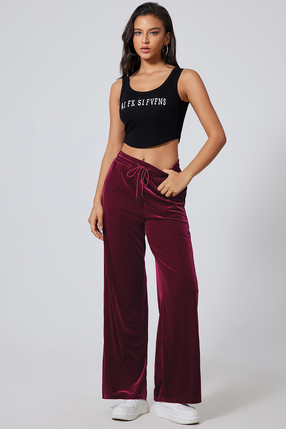 Burgundy Waist Wide Leg Pants