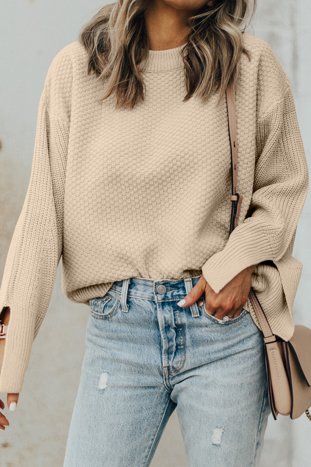 Textured Knit Drop Shoulder Loose Sweater