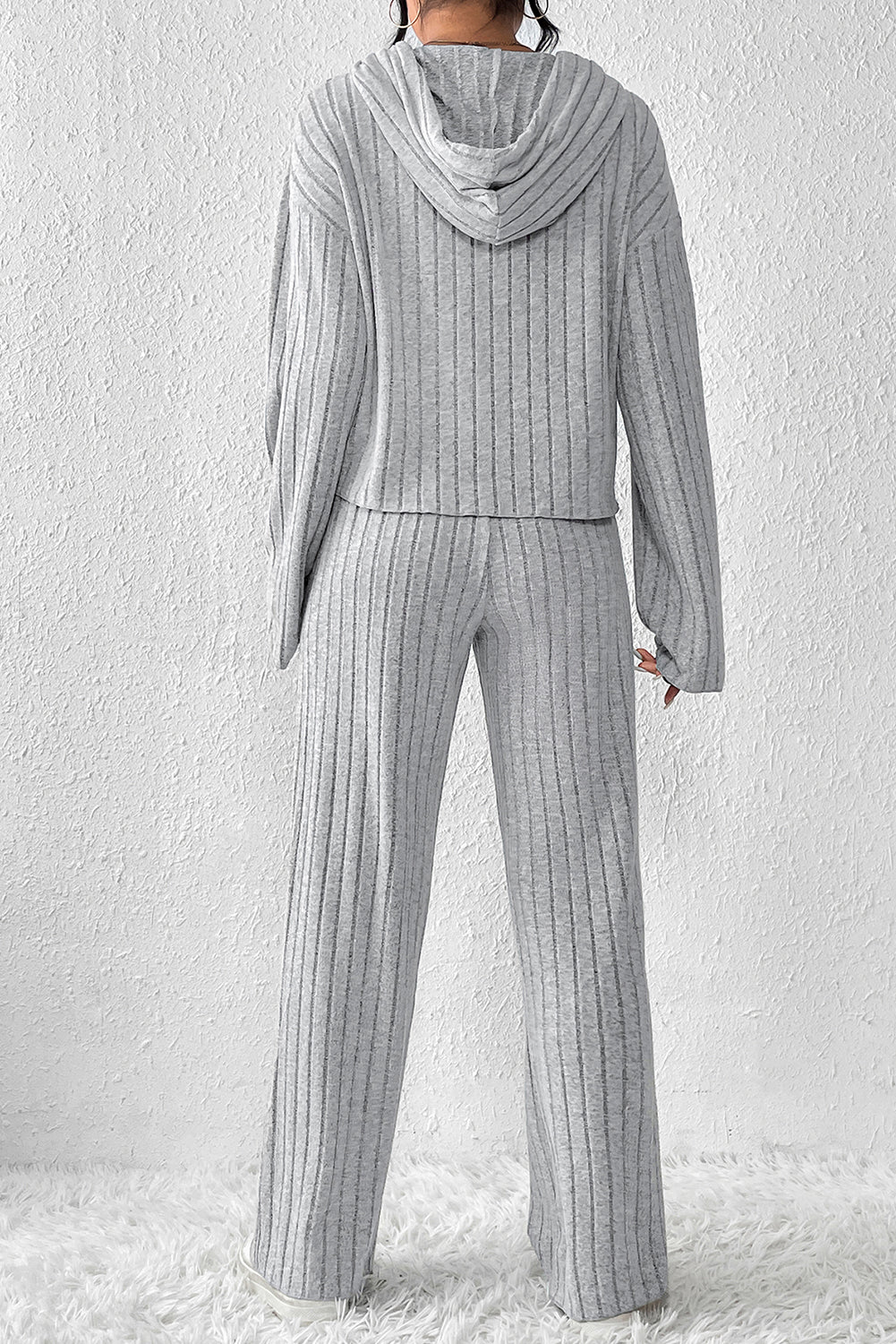 Ribbed Knit Hoodie Wide Leg Pants Set