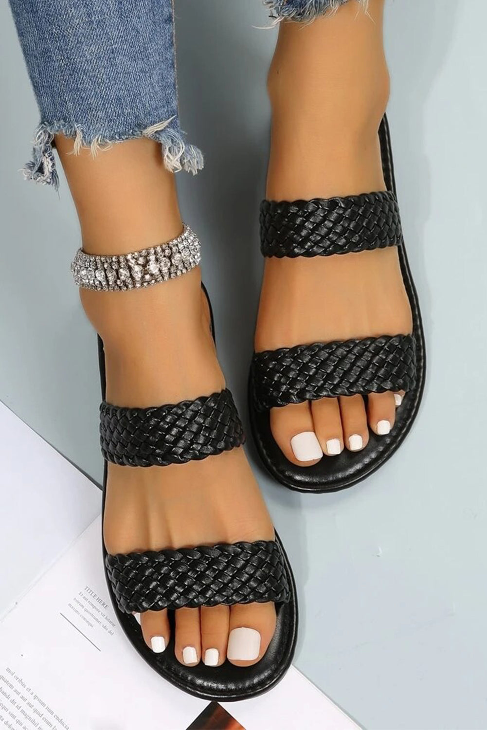 Braided Double Band Leathered Flat Slippers