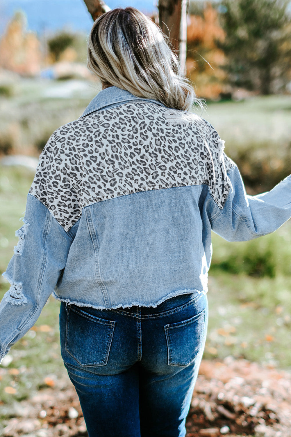 Leopard Ripped Cropped Denim Jacket