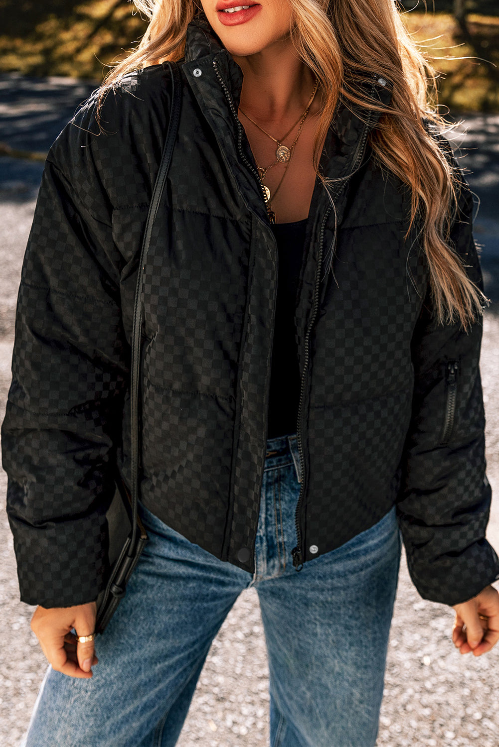 Checkerboard Zipper Puffer Jacket