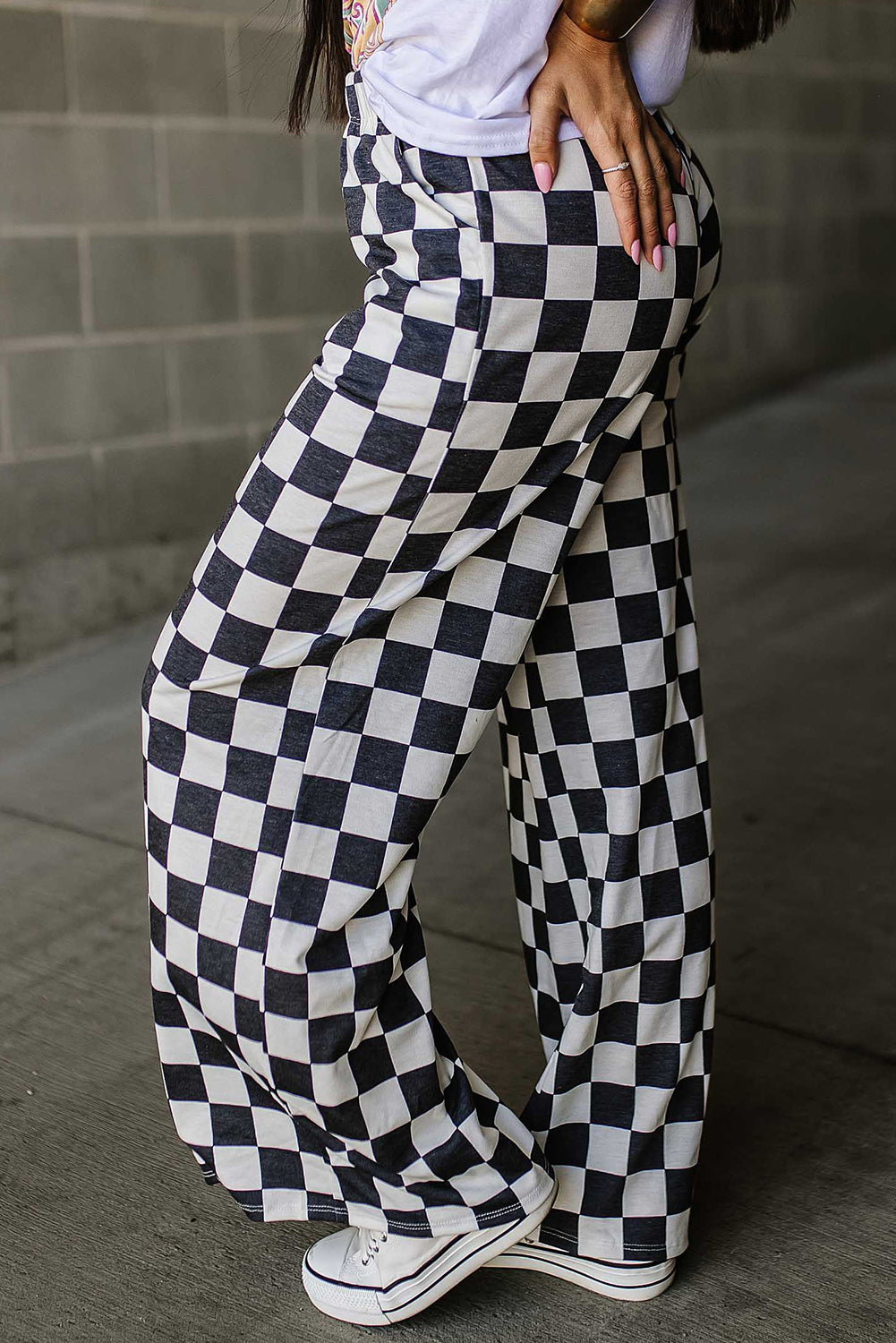 Black 2-Tone Checked High Waist Wide Leg Pants