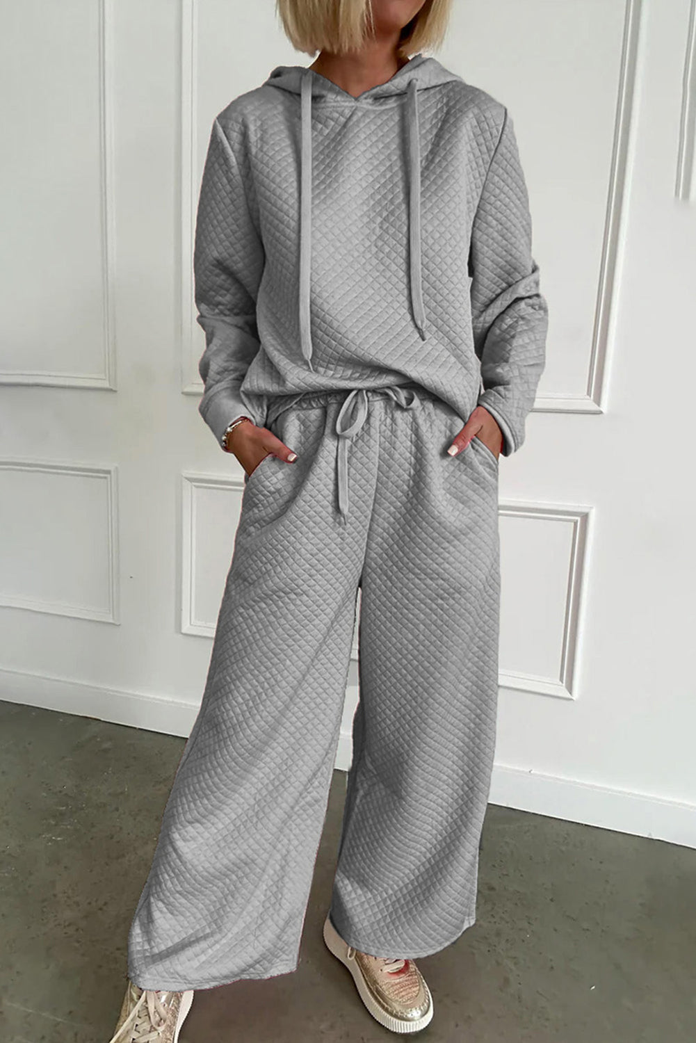 Drawstring Hoodie and Wide Leg Pants Set