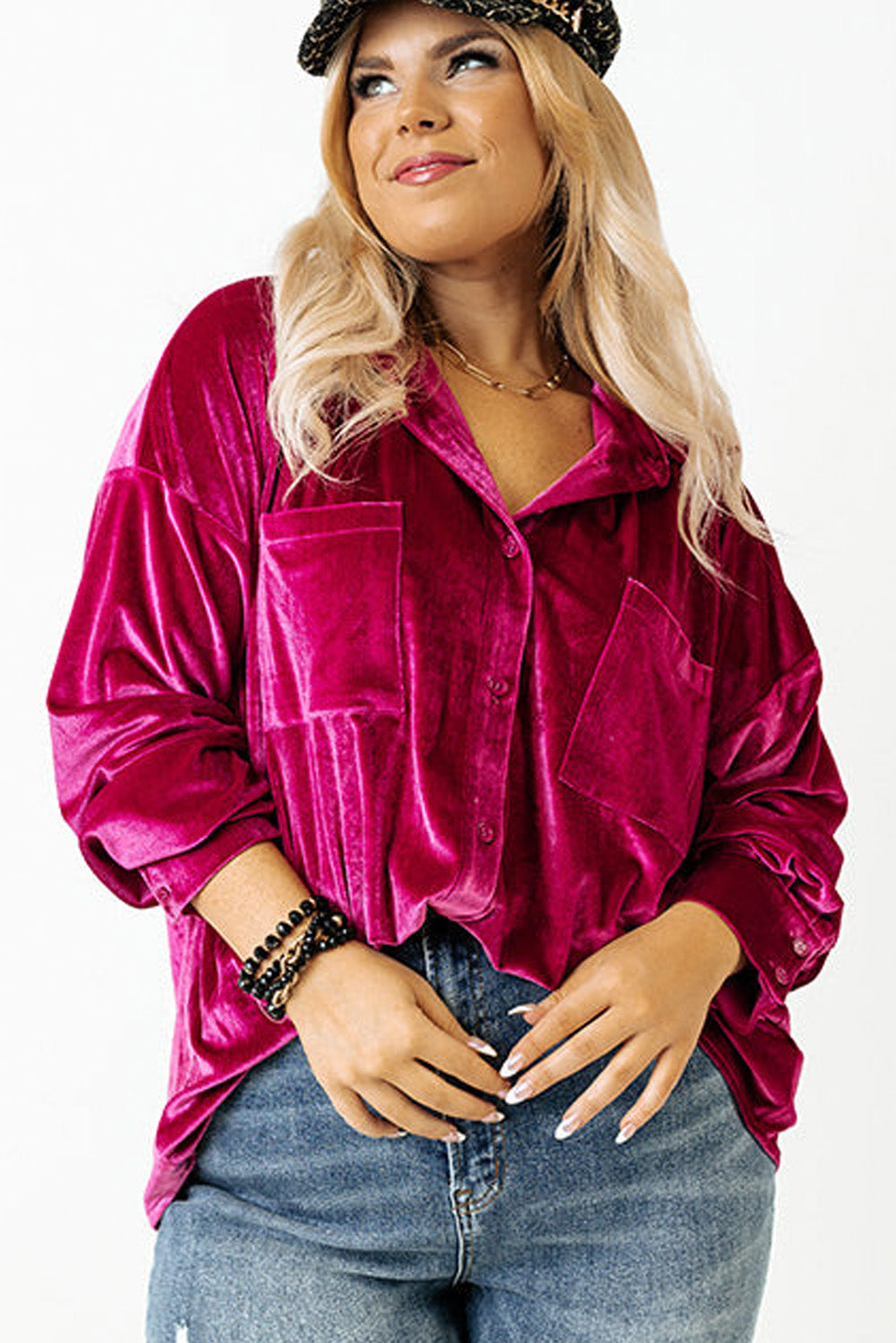 Bright Pink Velvet Drop Shoulder Shirt