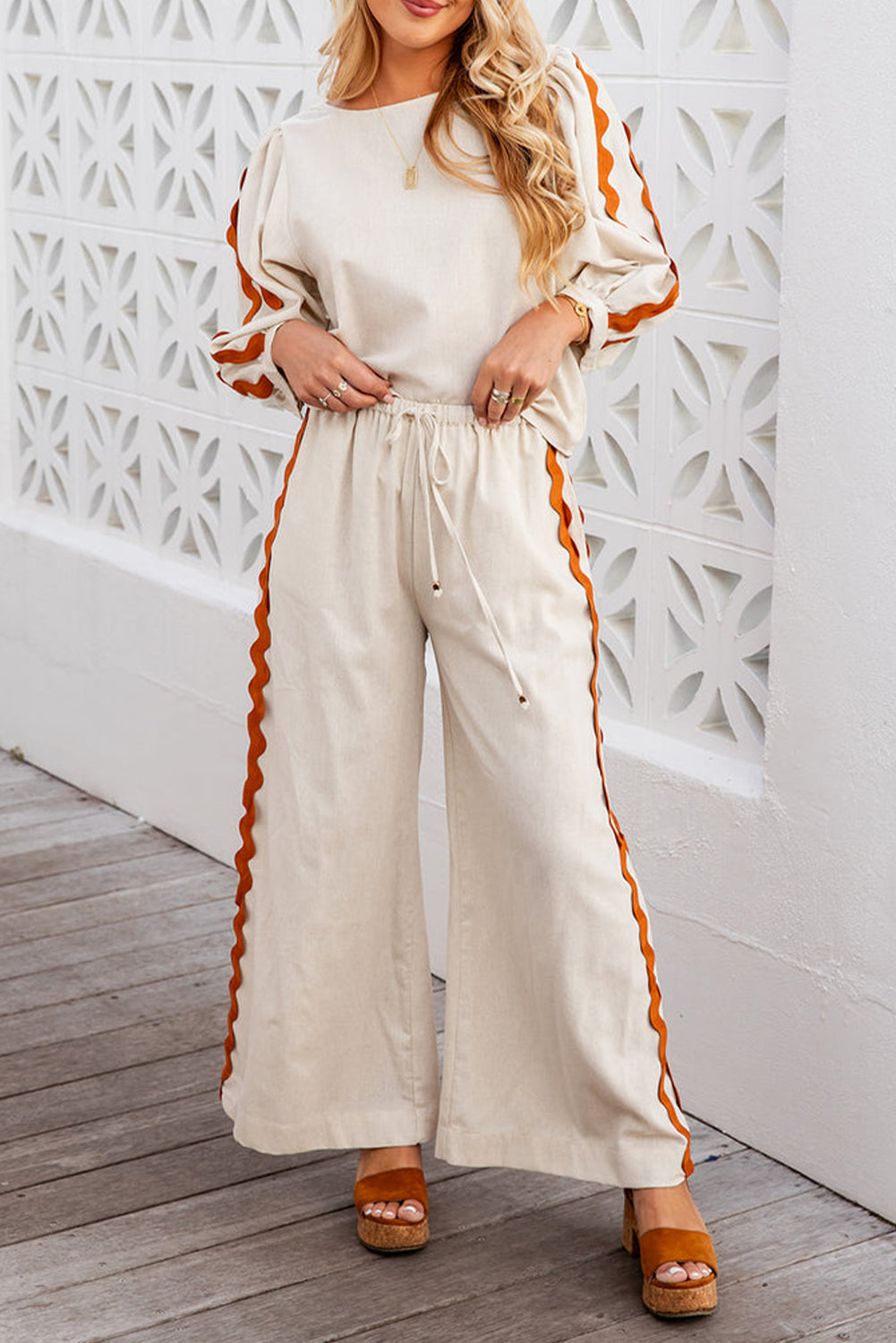 Trim Sleeve Top Wide Pants Set