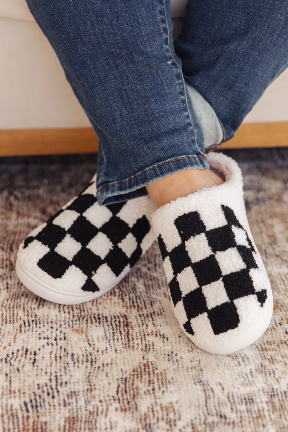 Black Checkered Fuzzy Slip Slippers