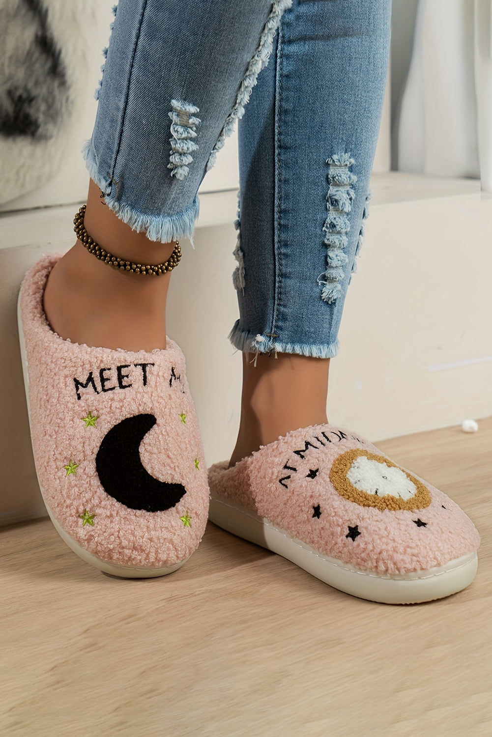 Moon & Clock Fuzzy Home Slippers