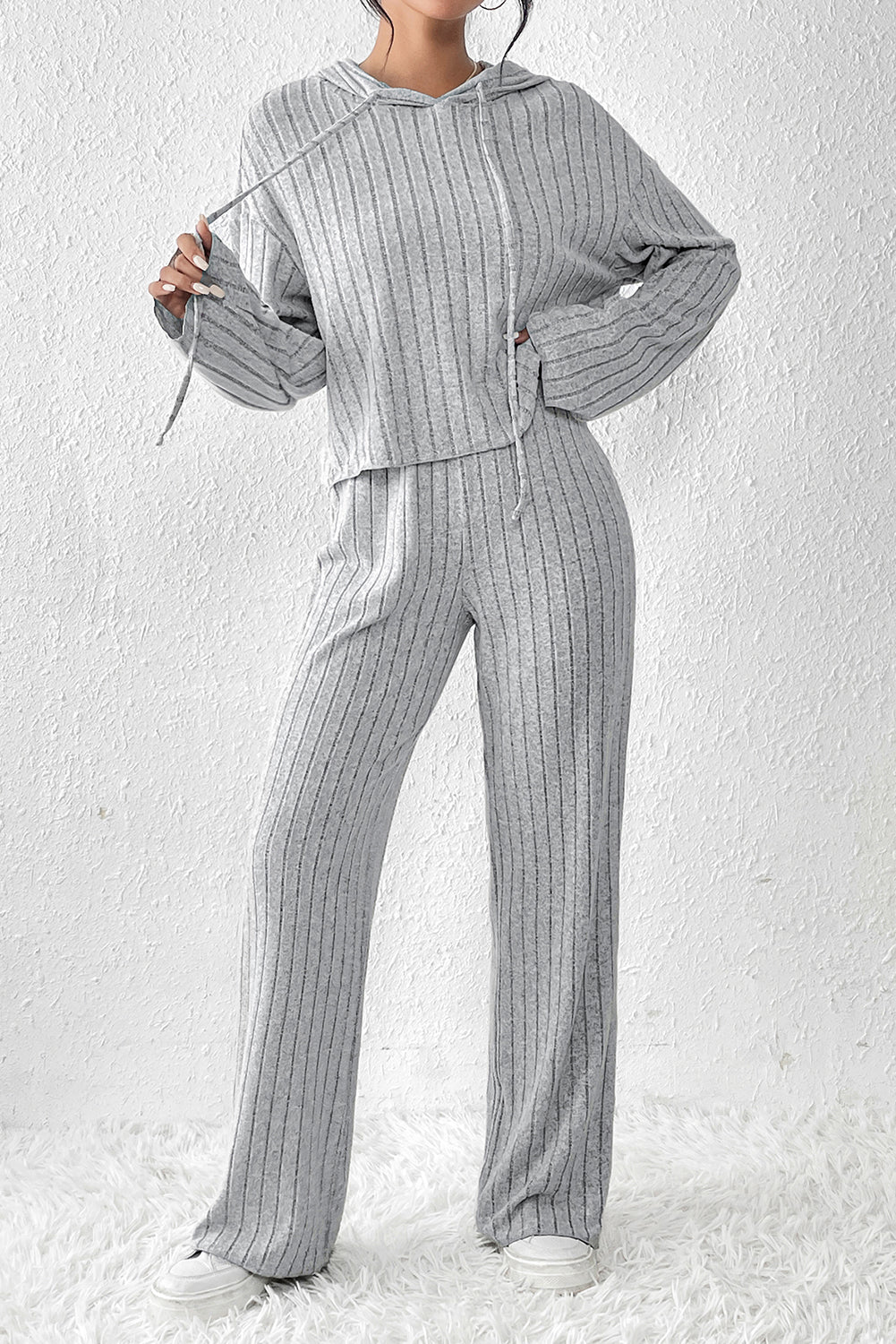 Ribbed Knit Hoodie Wide Leg Pants Set