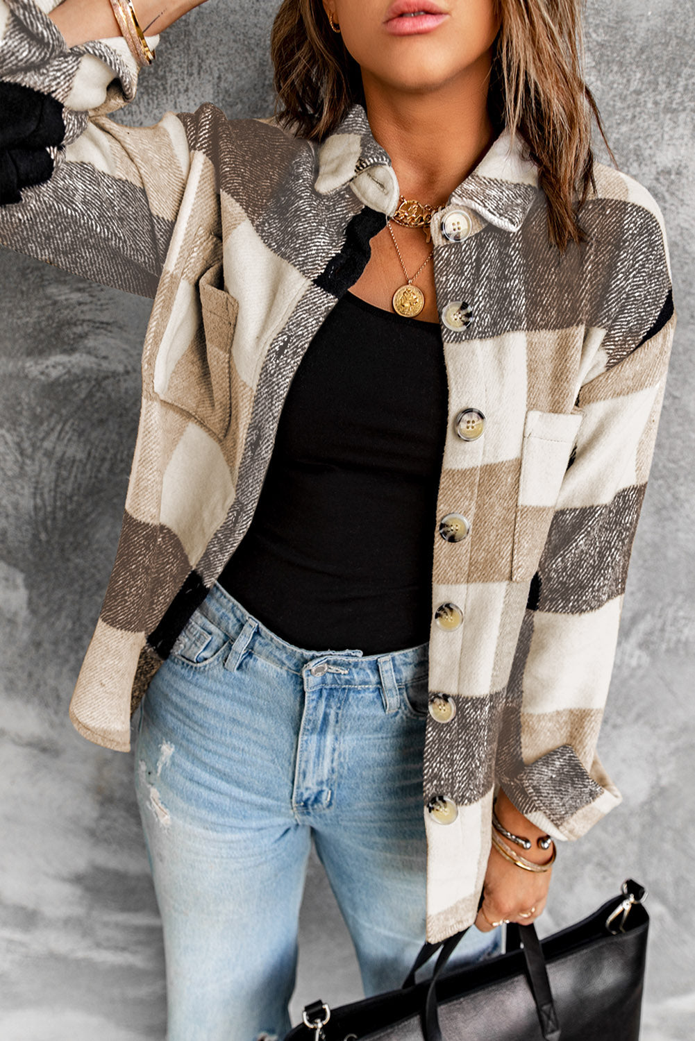 Khaki Plaid Buttoned Long Sleeve Jacket