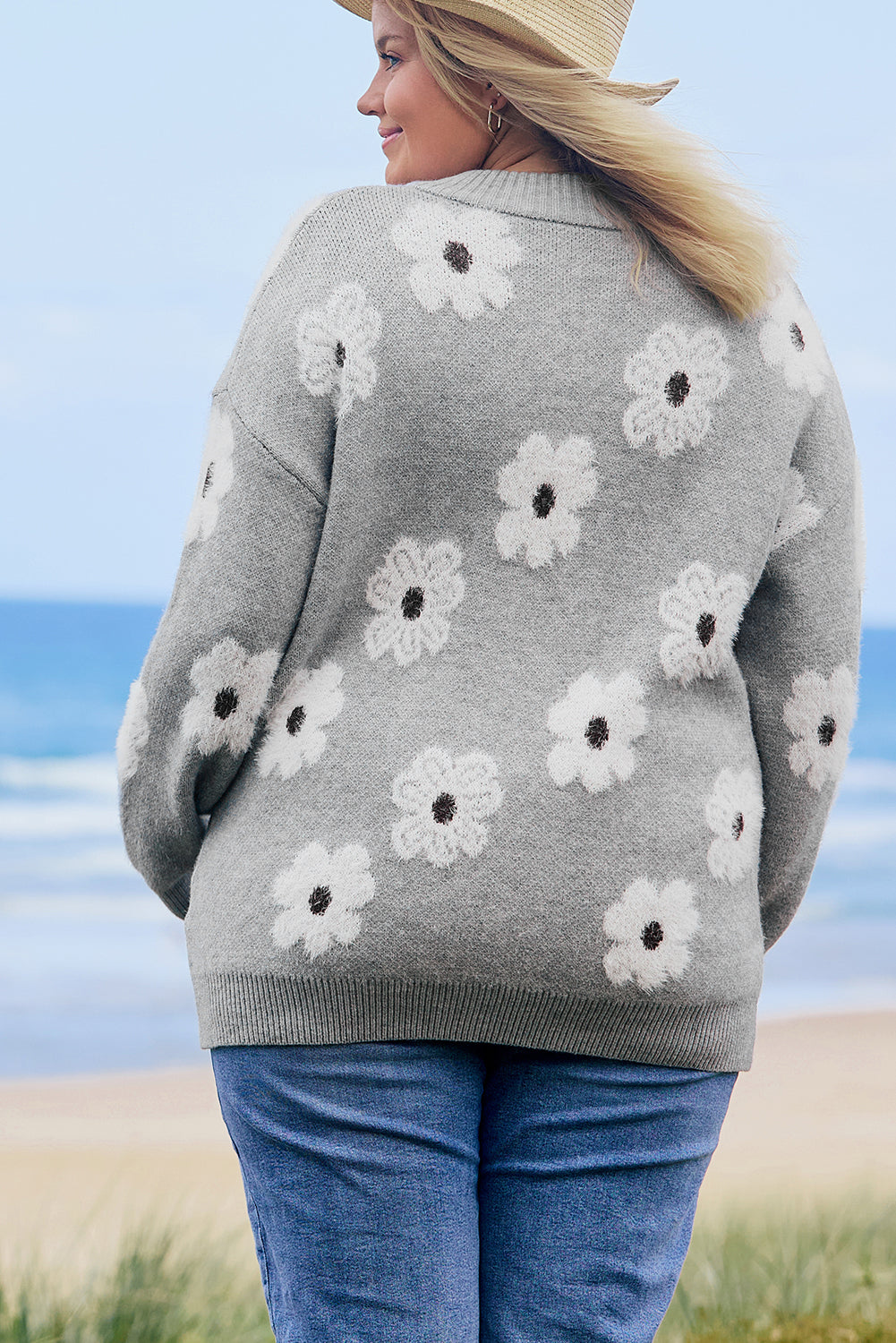 Floral Pattern Half Zip Sweater