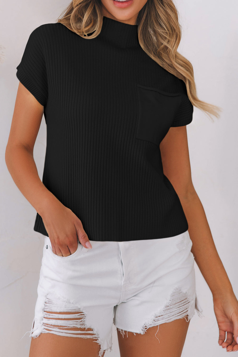 Black Ribbed Knit Short Sweater