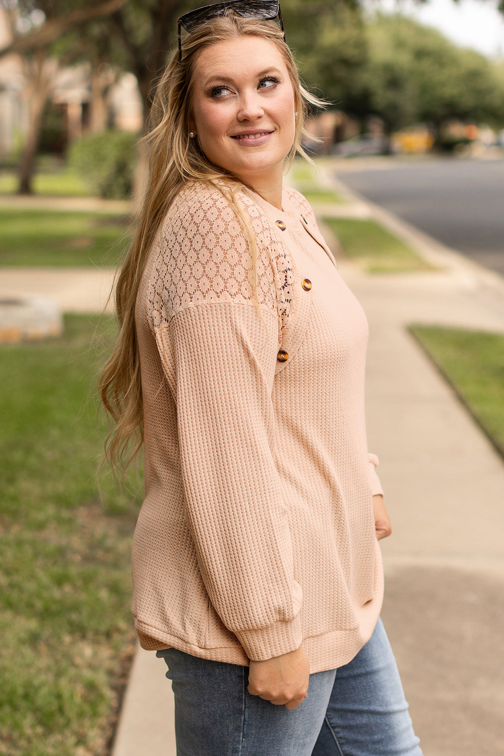 Lace Buttons Waffle Knit Top