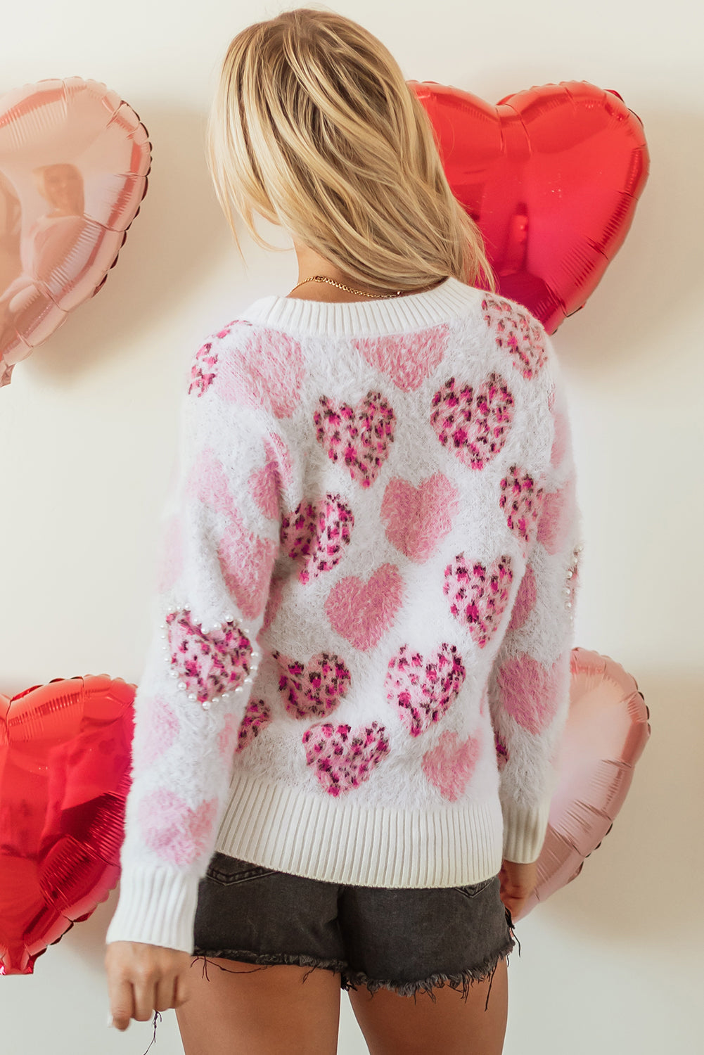 Pink Heart Pearled Fuzzy Sweater