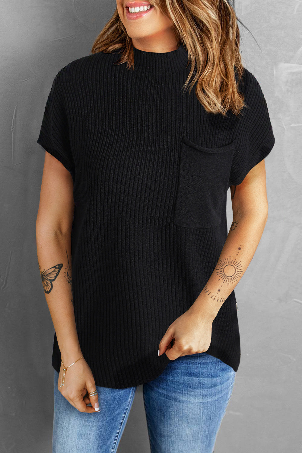 Black Ribbed Knit Short Sweater