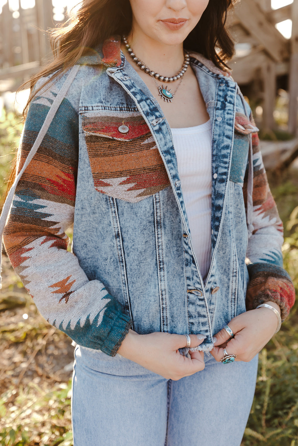 Multicolor Aztec Frayed Denim Jacket