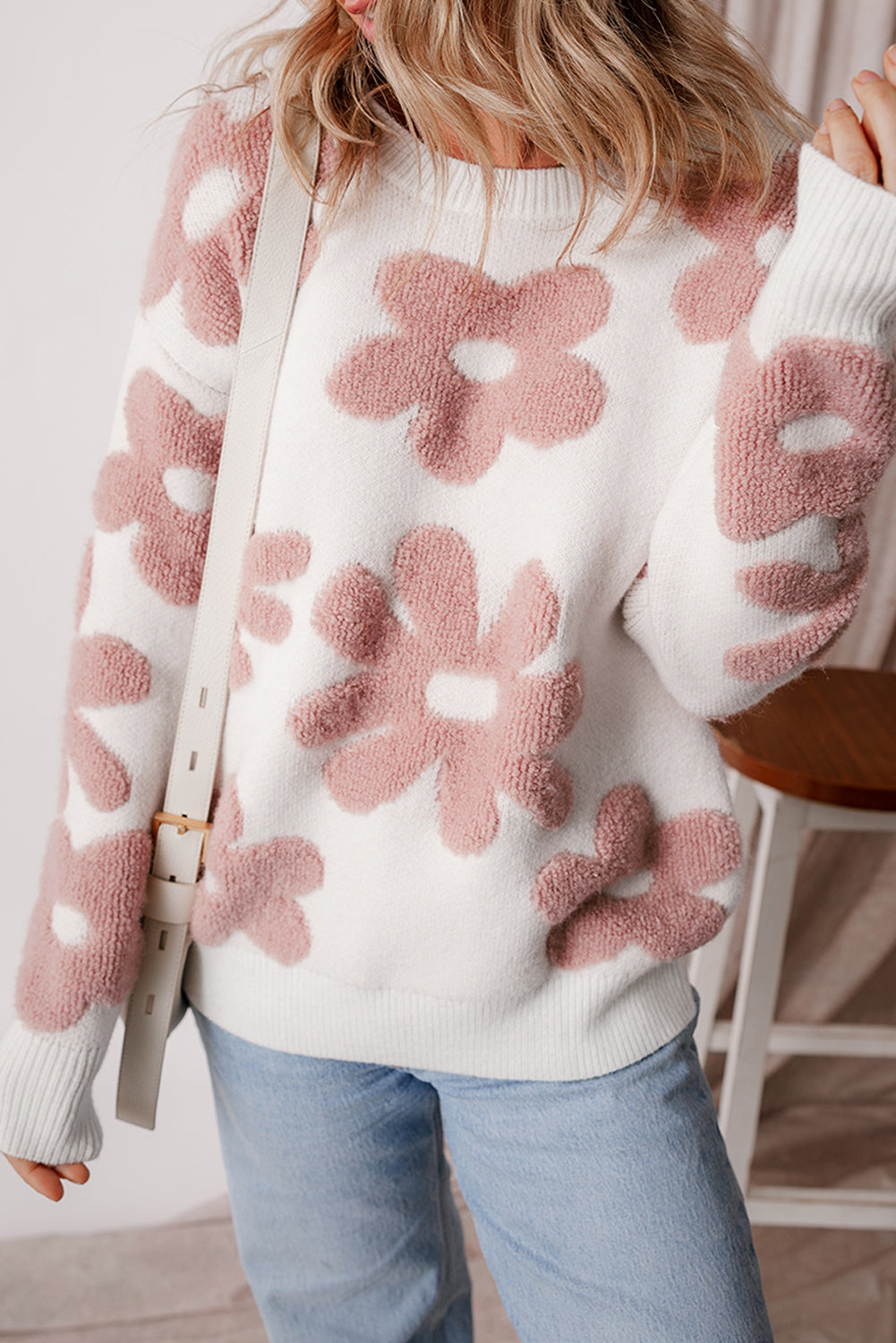 Flower Drop Shoulder Loose Sweater