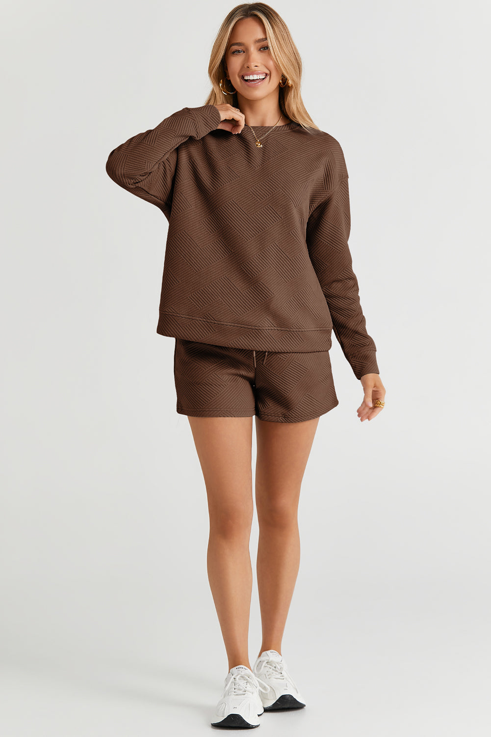 Brown Long Sleeve Top Shorts Set