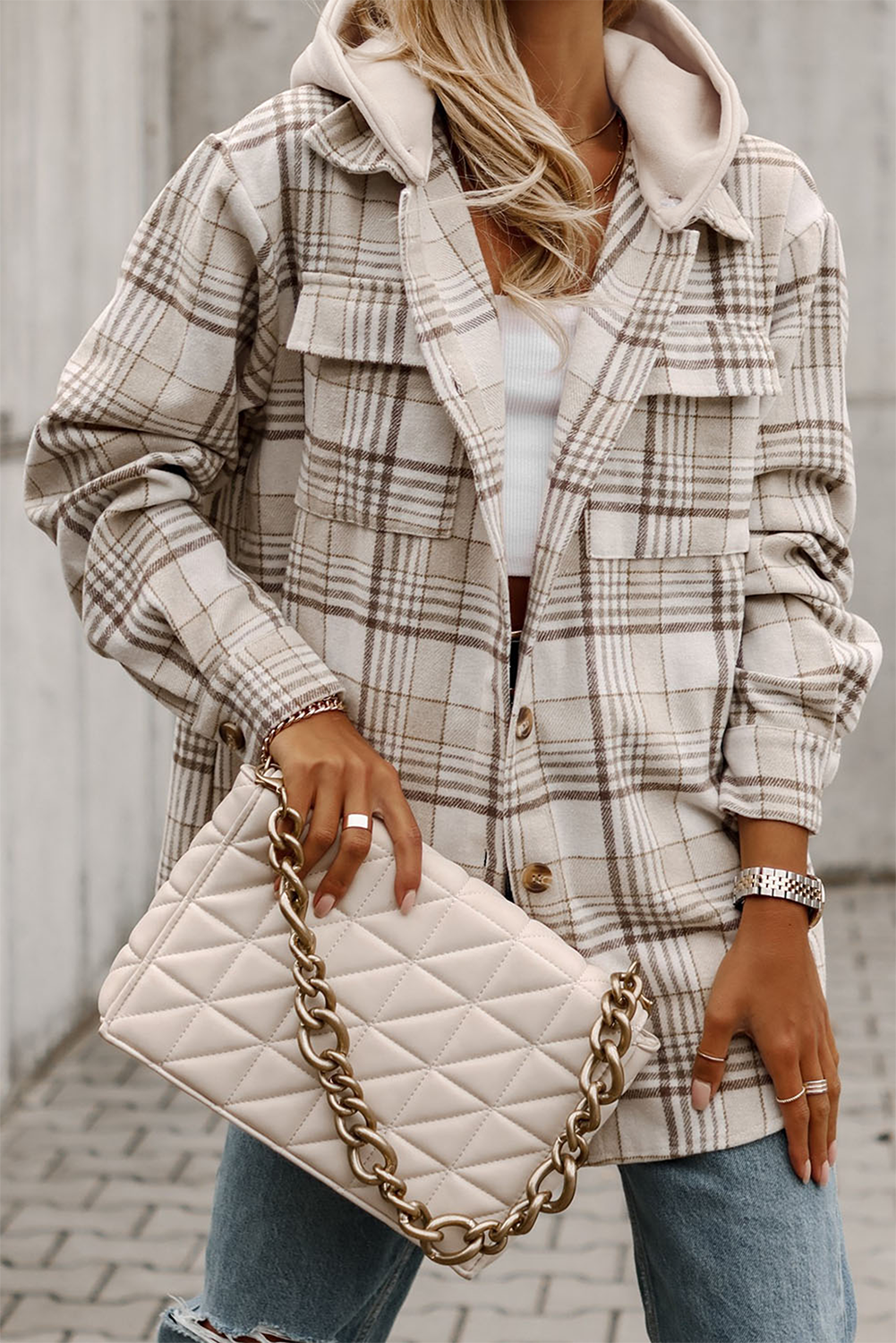 Plaid Removable Hood Buttoned Jacket