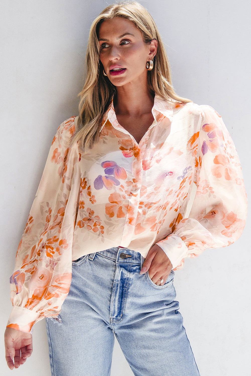 Floral Collared Balloon Loose Blouse