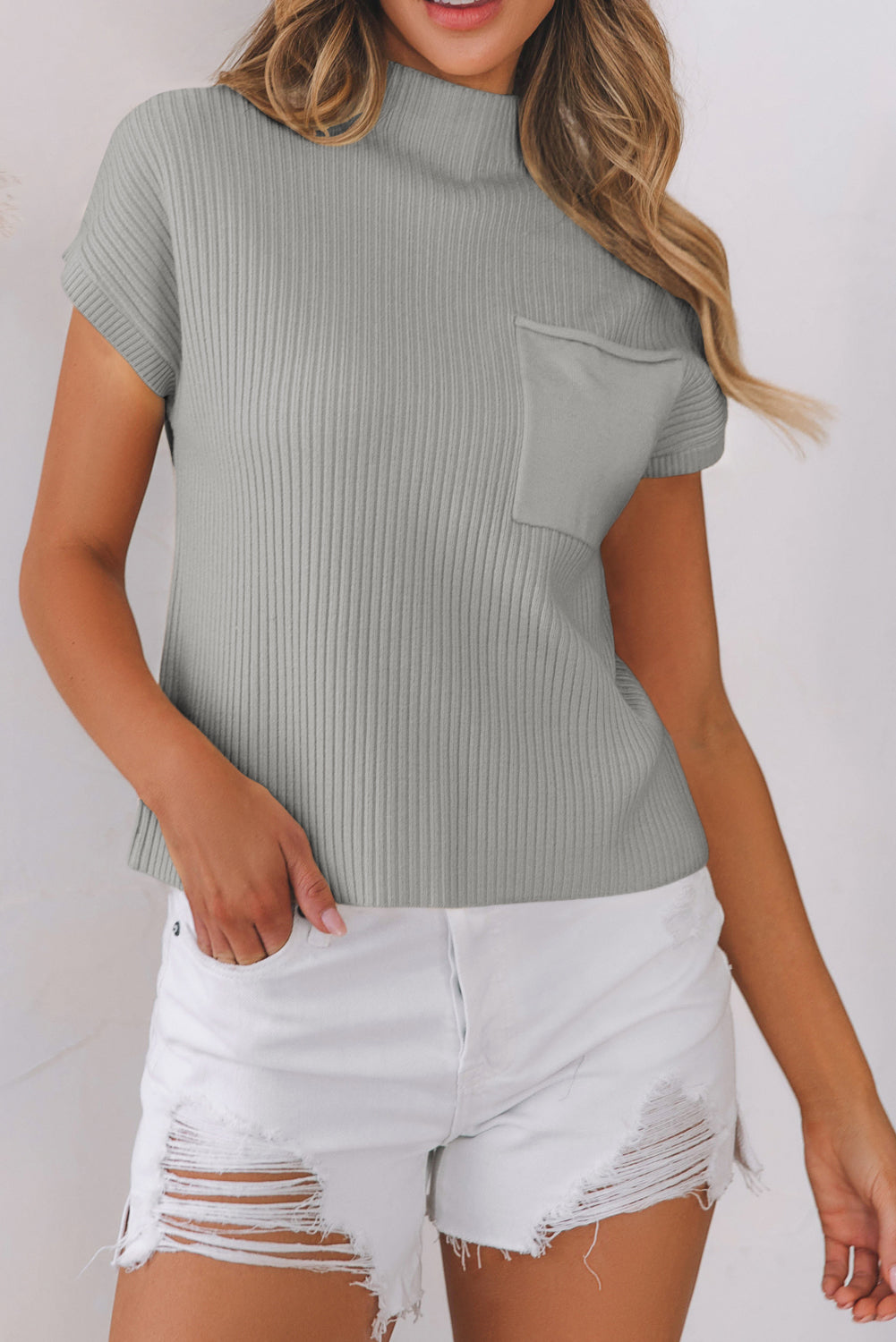 Gray Ribbed Knit Short Sweater