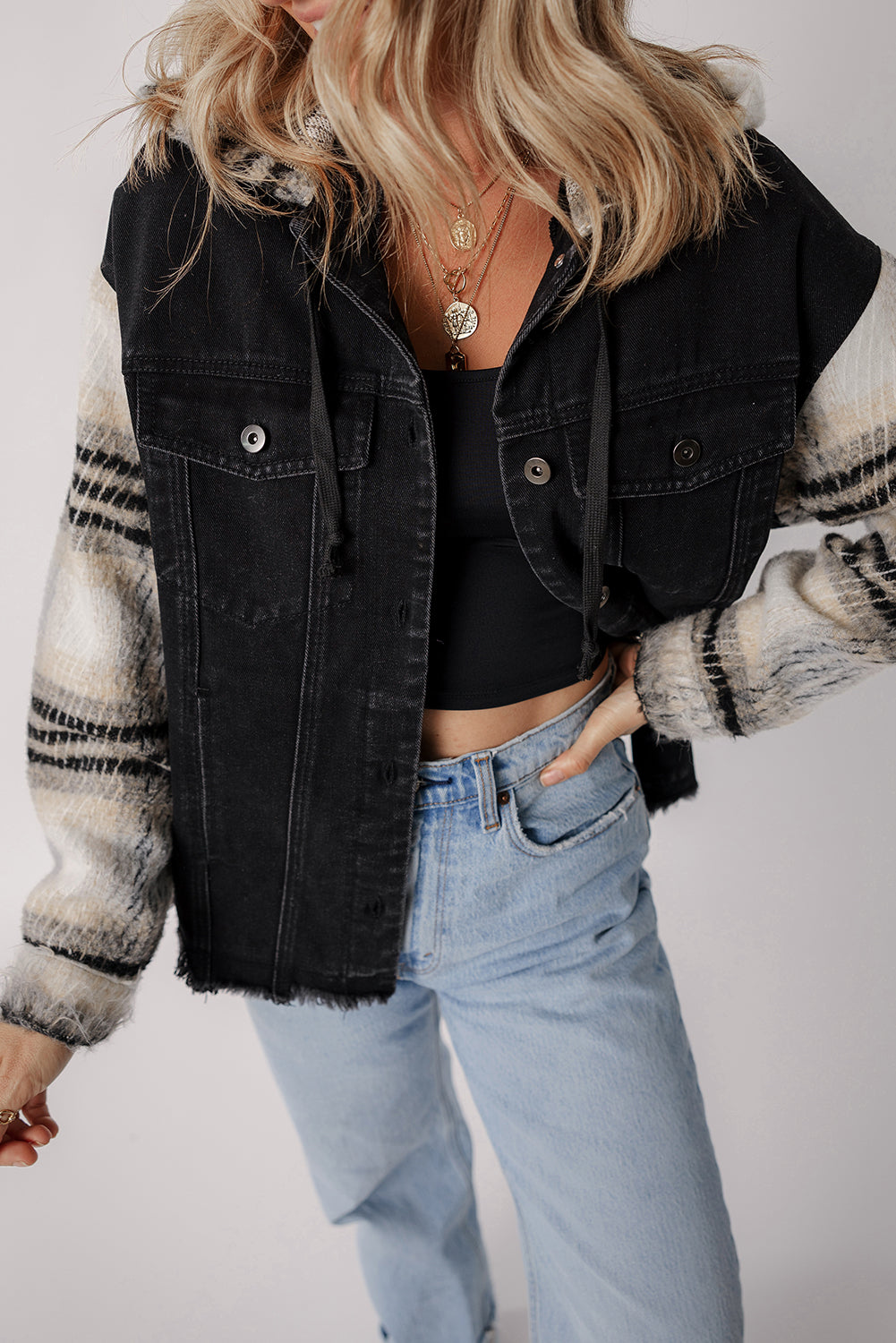 Plaid Sleeve Frayed Denim Jacket