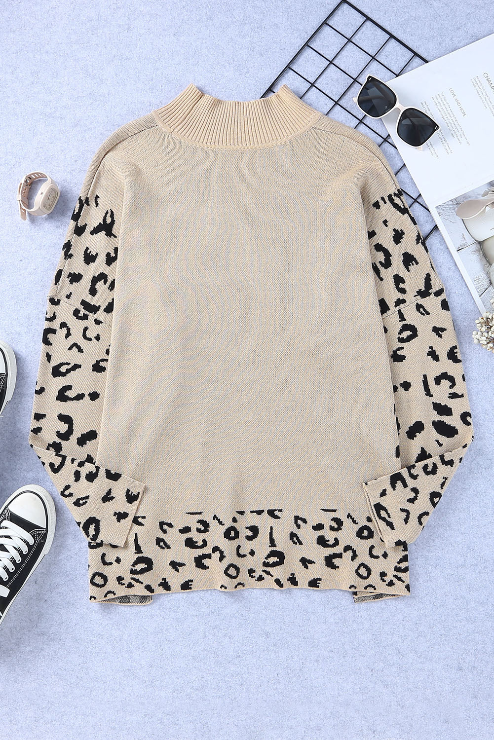 Khaki Leopard High Neck Oversized Sweater