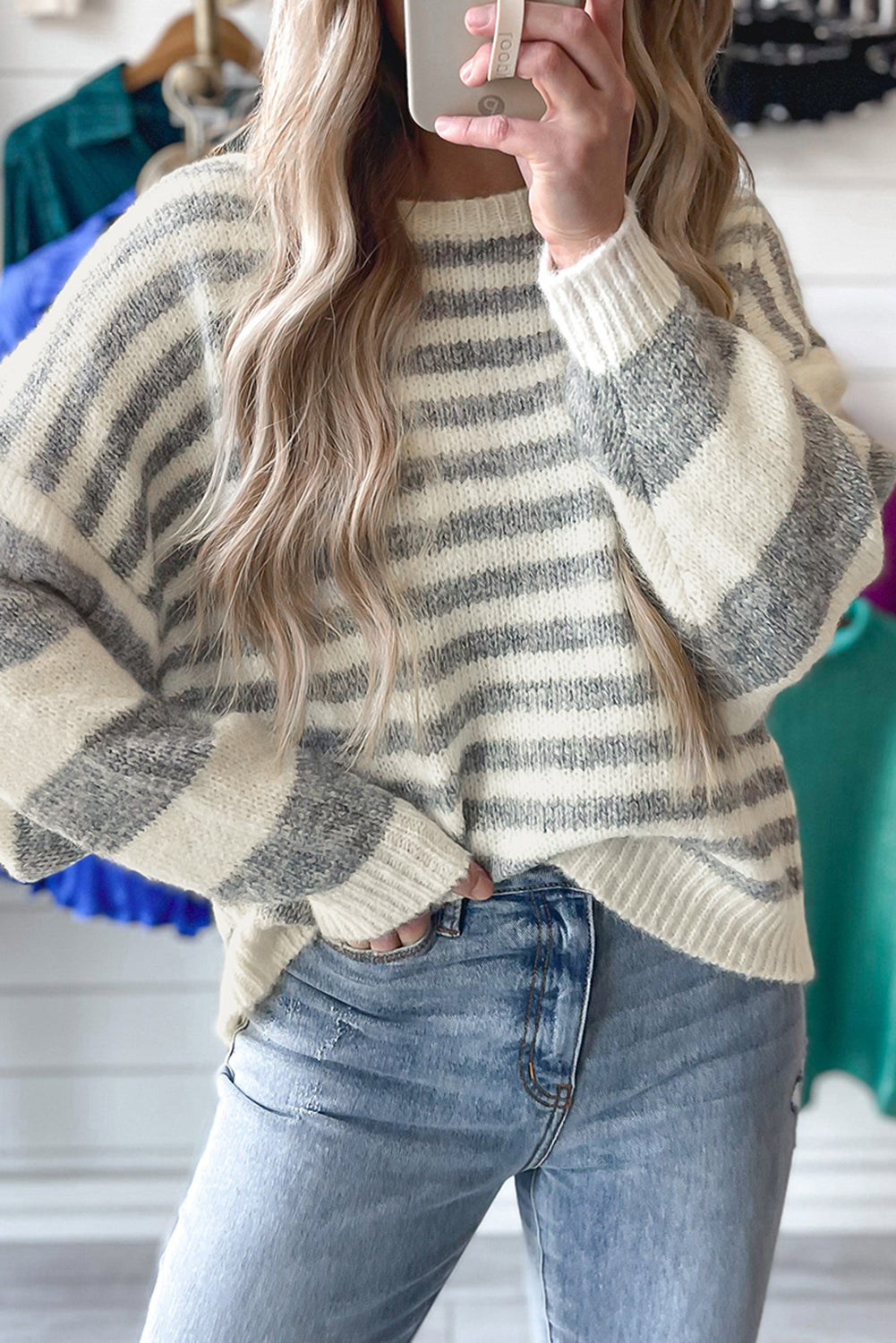 Stripe Drop Shoulder Crew Neck Sweater