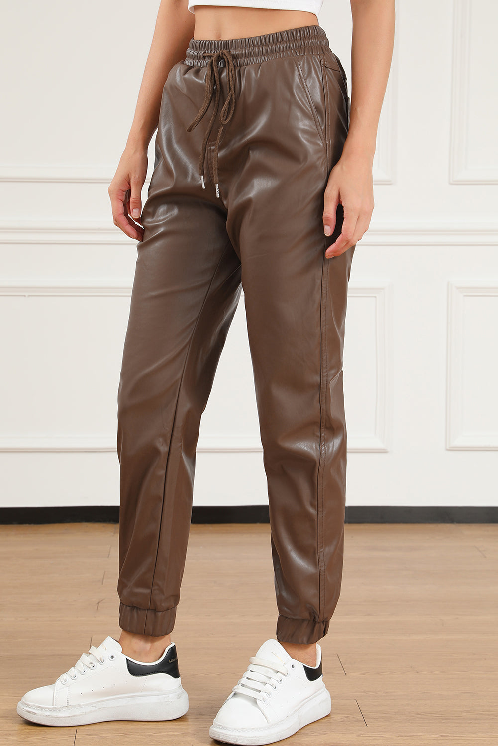 Brown Leather Tie Waist Jogger Pants