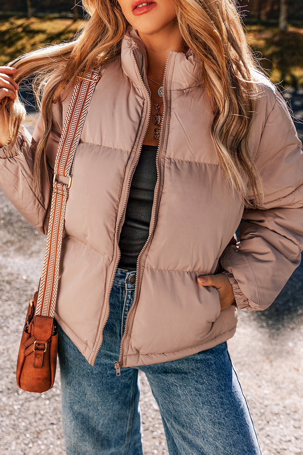 Apricot Full Zipper Puffer Jacket