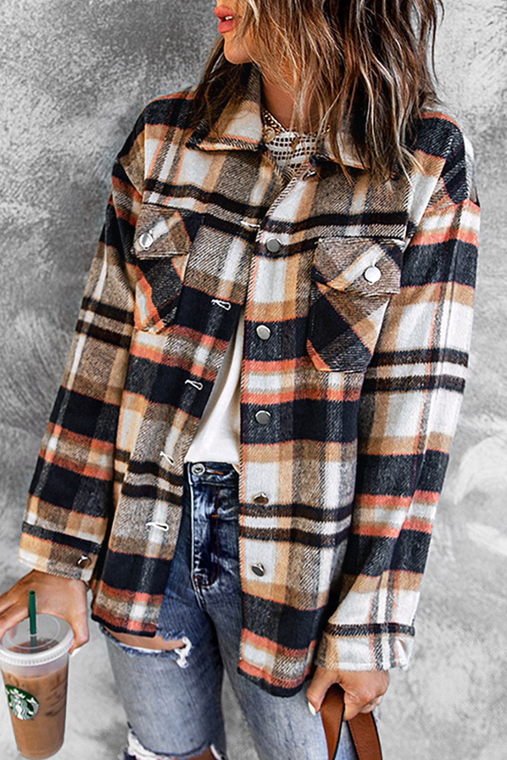 Geometric Plaid Pocketed Shacket