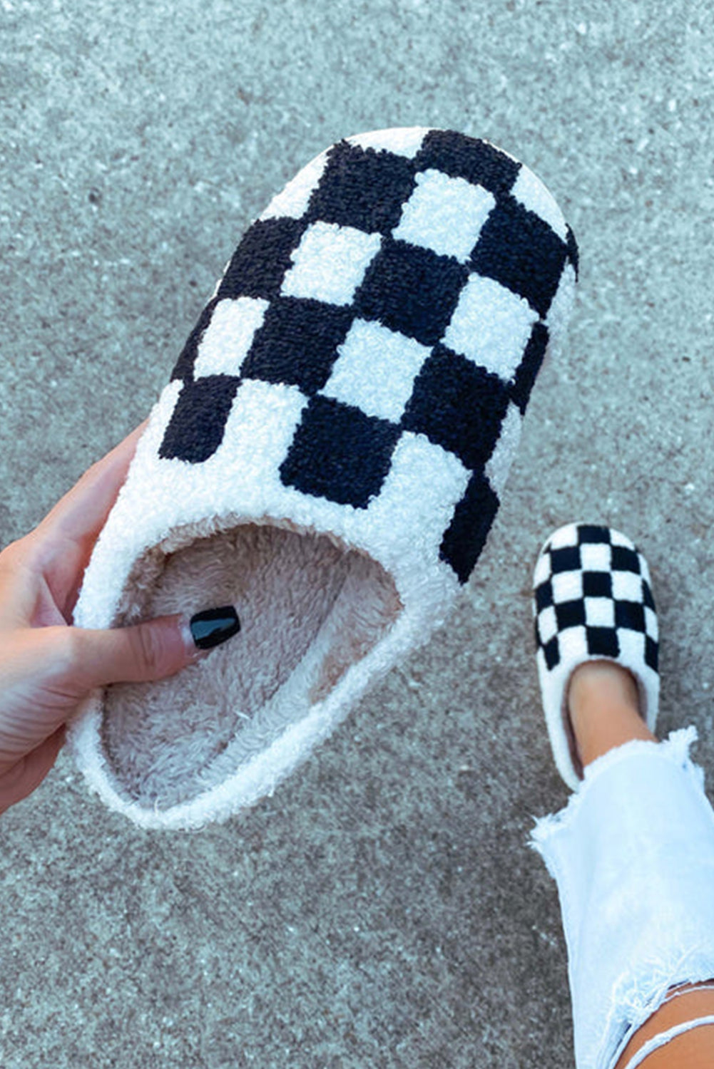 Black Checkered Fuzzy Slip Slippers