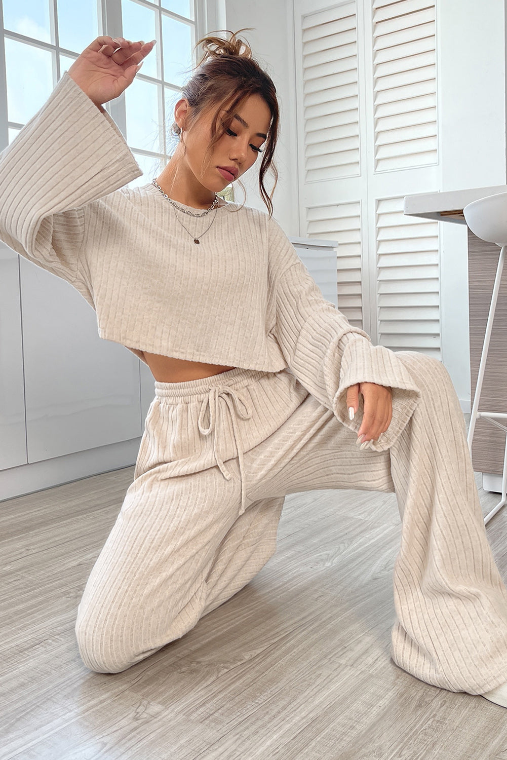 Ribbed Knit Bell Sleeve Crop Top Set