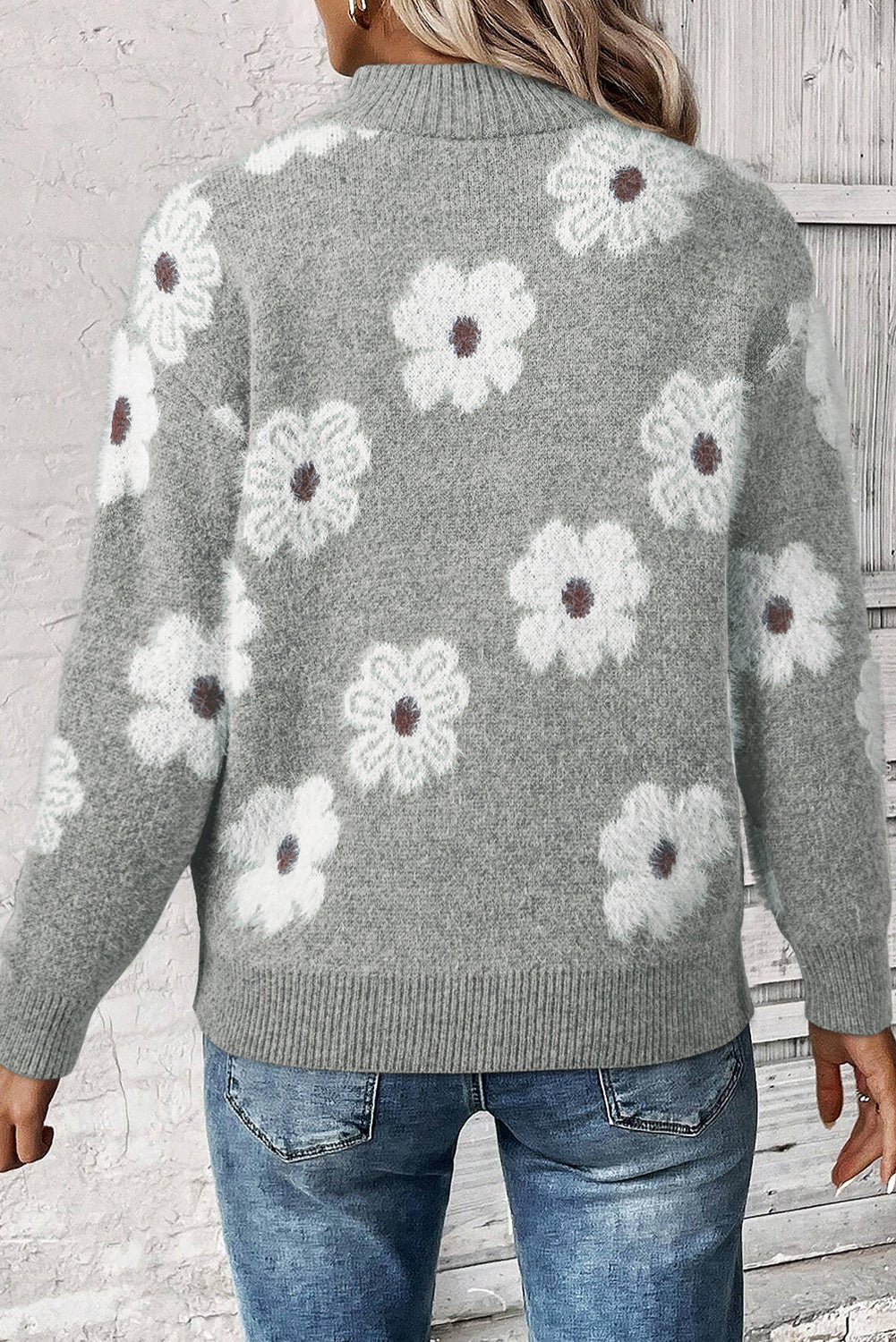 Floral Half Zip Drop Shoulder Sweater