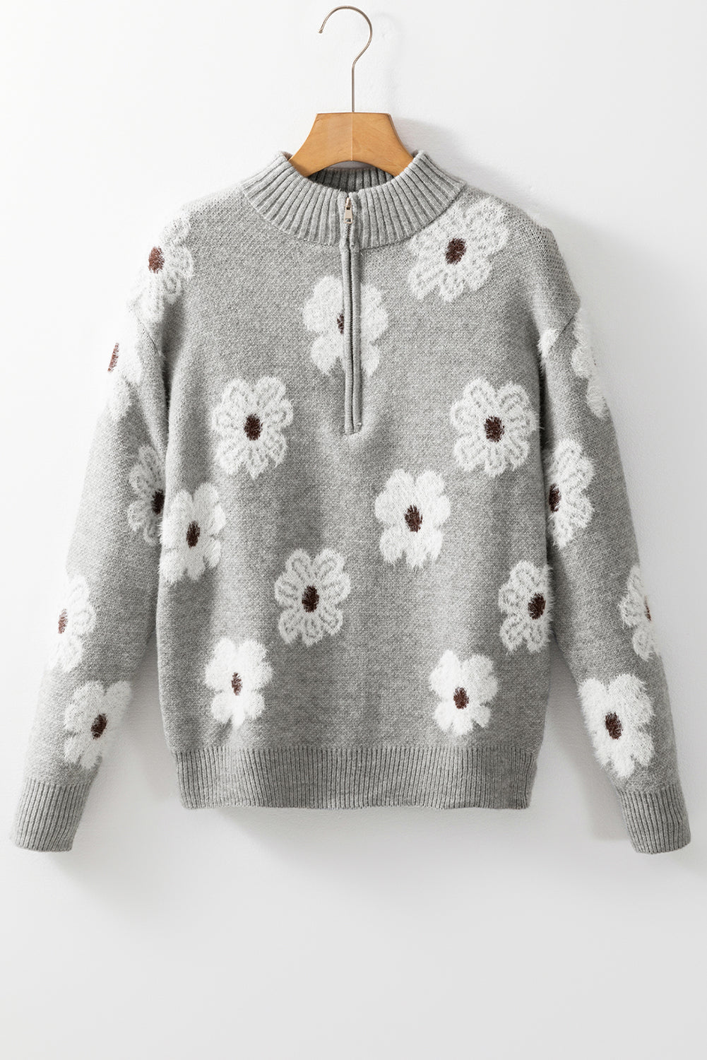 Floral Half Zip Drop Shoulder Sweater