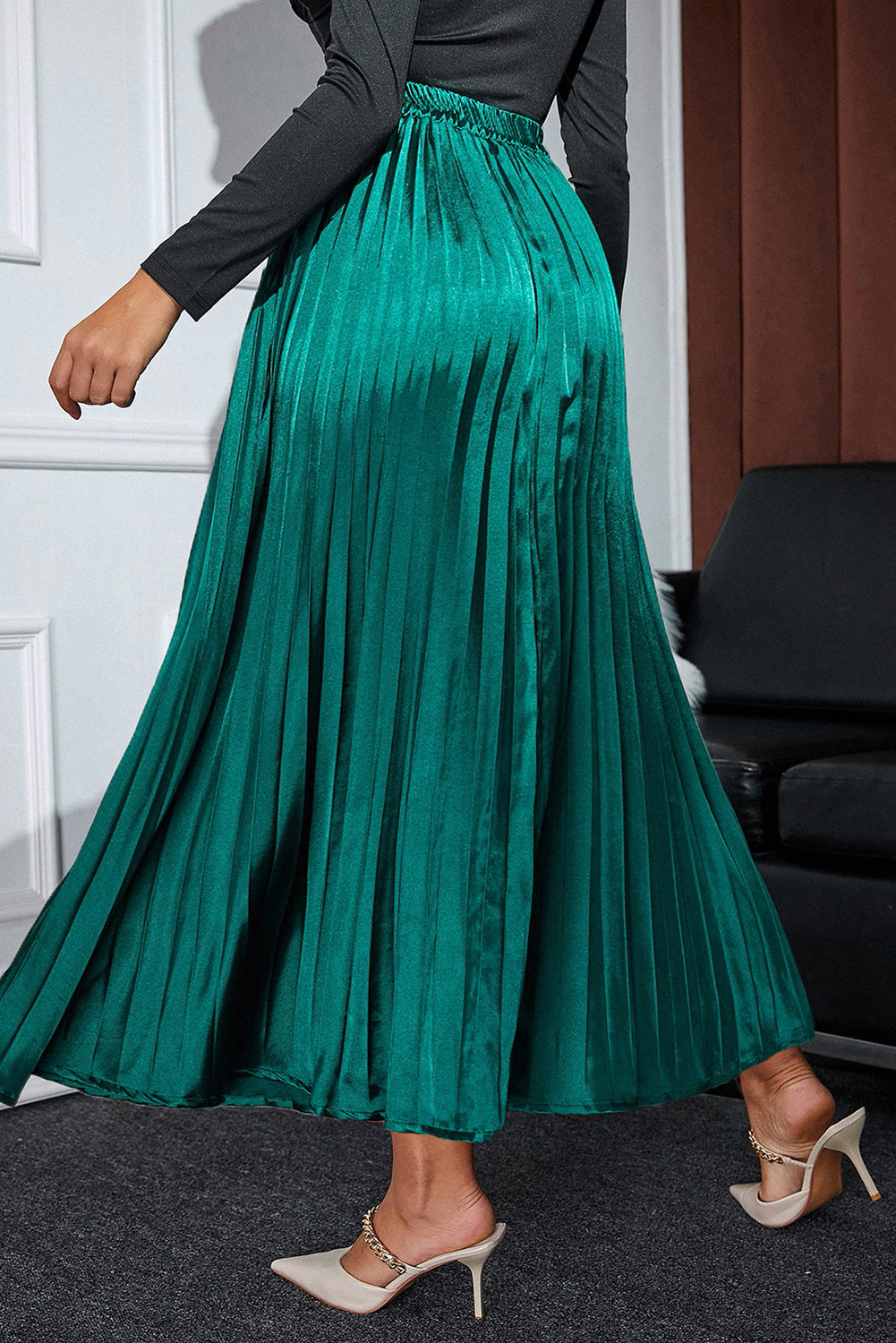 Blackish Green Satin Elastic Waist Skirt