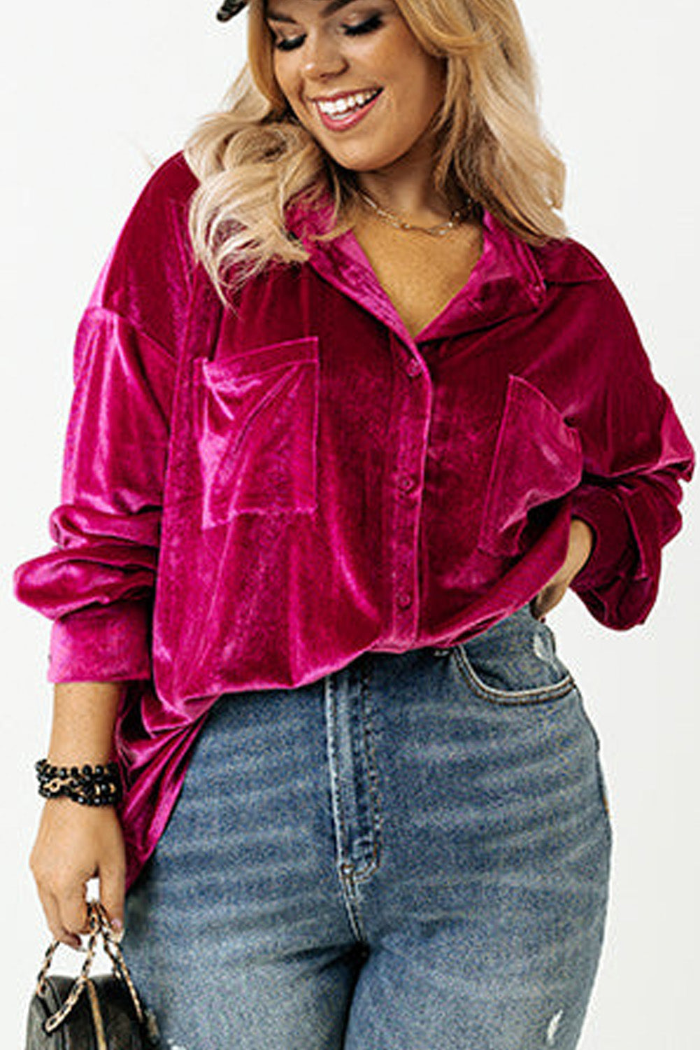 Bright Pink Velvet Drop Shoulder Shirt