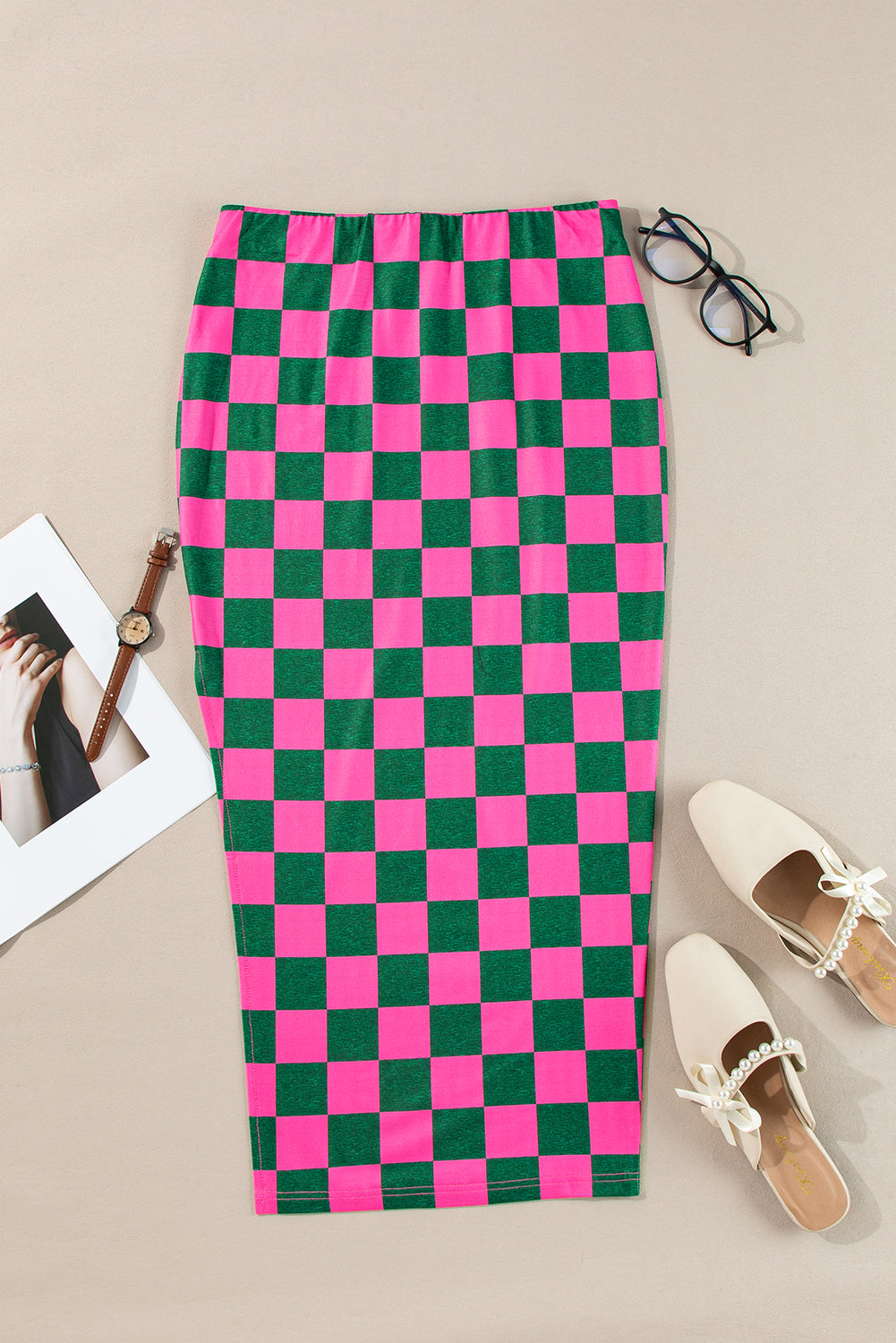 Rose Checkered Side Slit High Waist Skirt