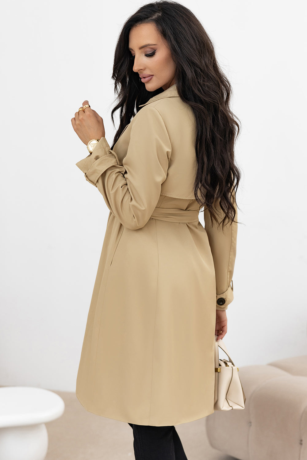 Khaki Collar Waist Tie Coat