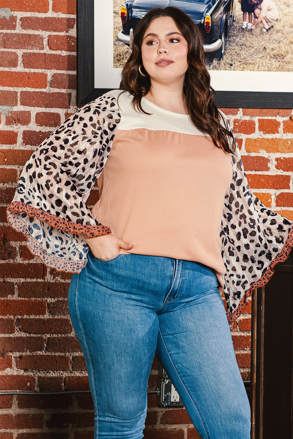 Ruffle Leopard Waffled Color Block Top