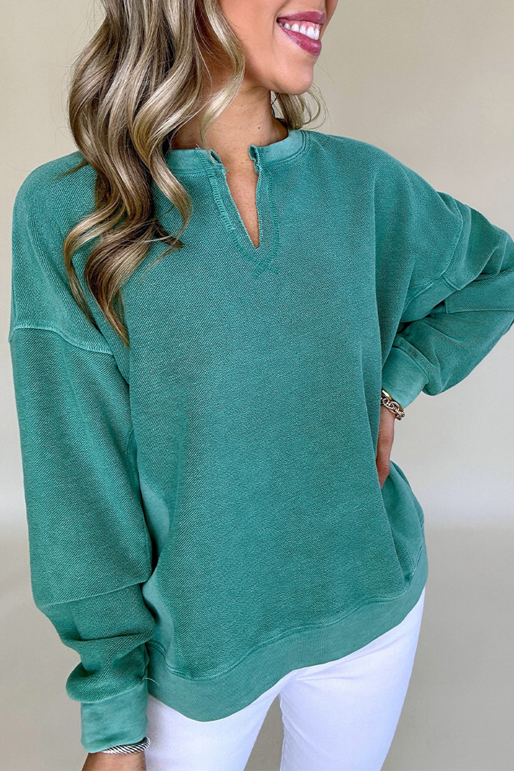 Notched Neck Drop Shoulder Sweatshirt