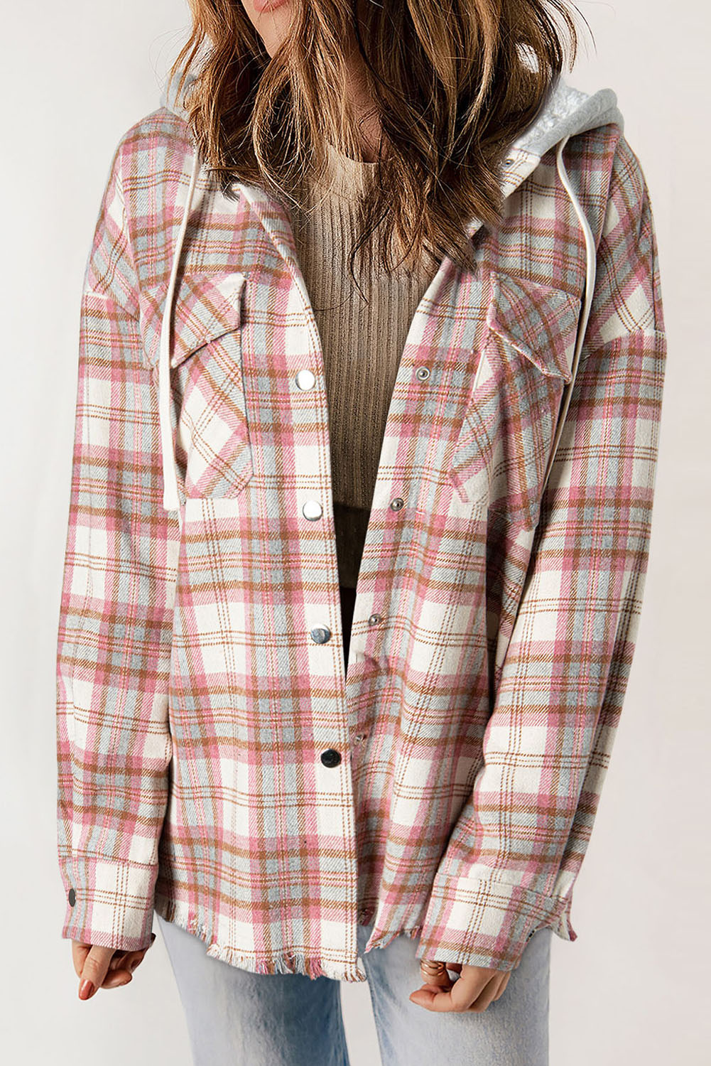 Plaid Flap Pocket Hooded Jacket