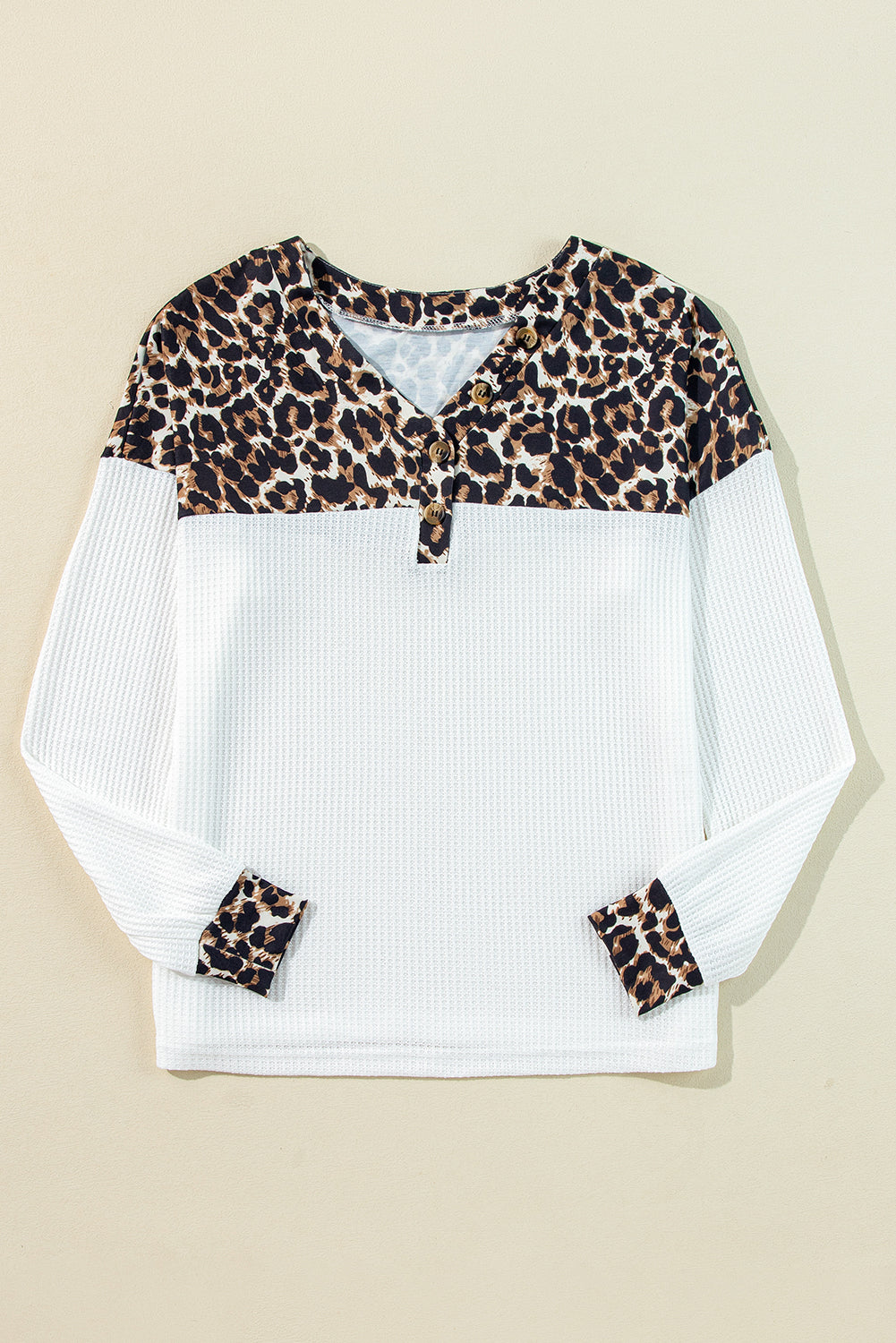 Leopard Waffle Knit Button V Neck Top