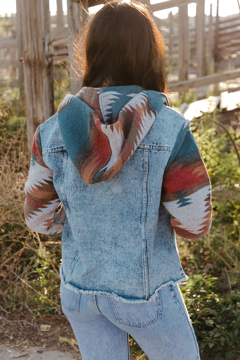 Multicolor Aztec Frayed Denim Jacket