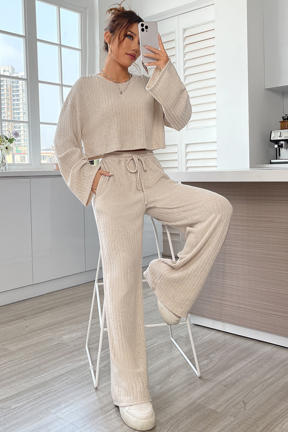 Ribbed Knit Bell Sleeve Crop Top Set