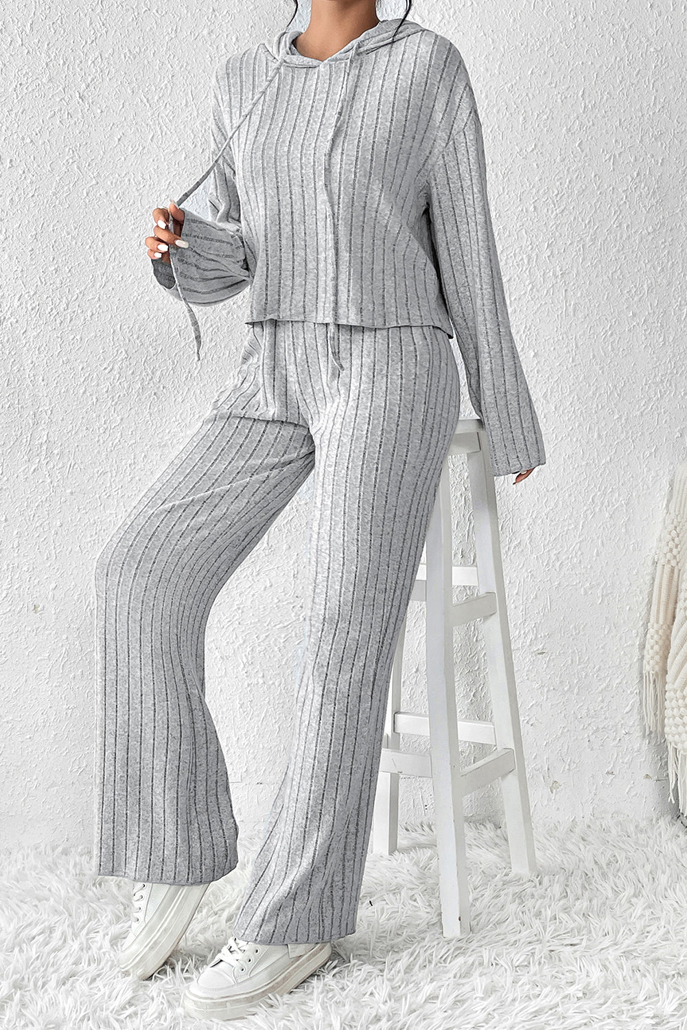 Ribbed Knit Hoodie Wide Leg Pants Set