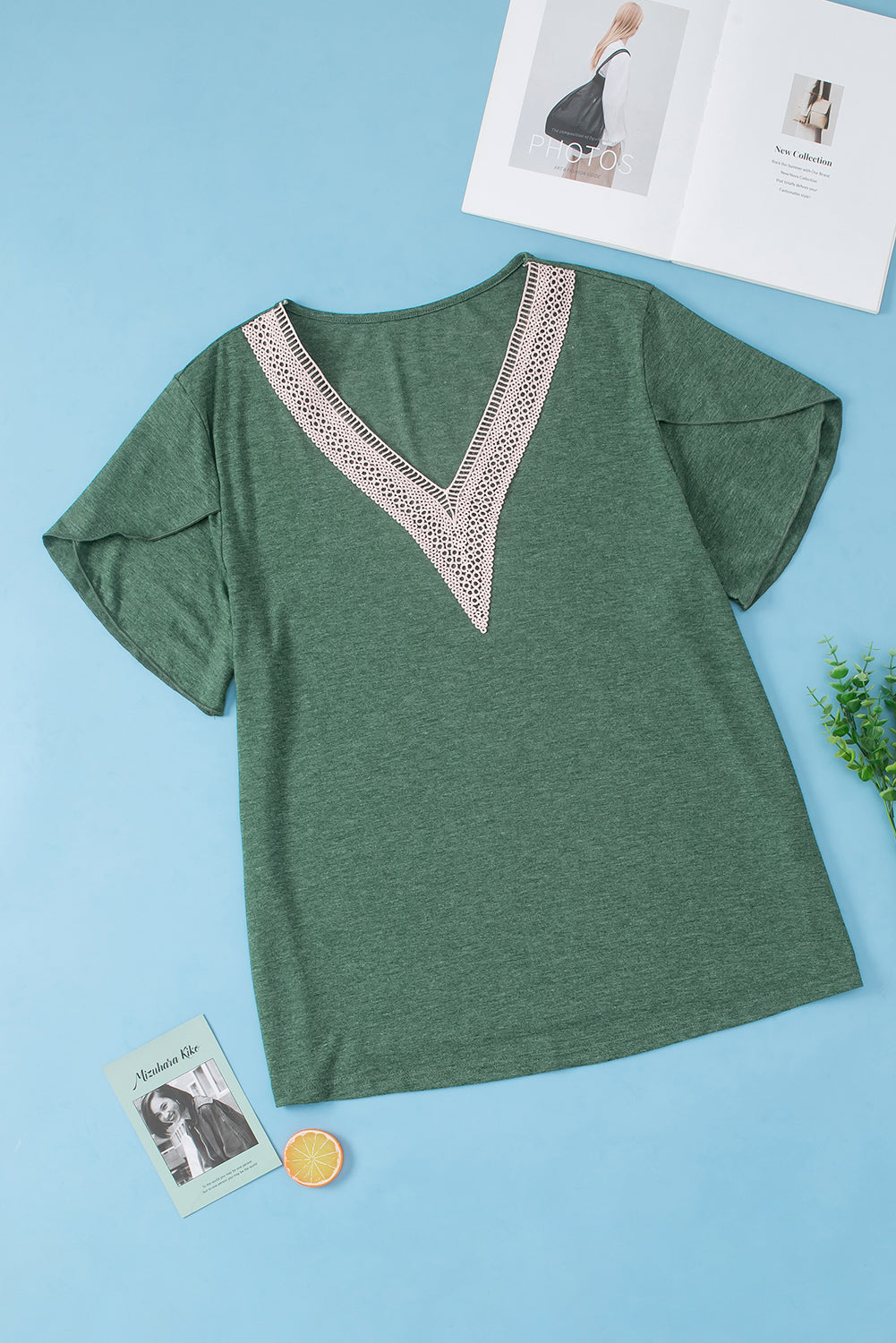 Green V Neck  Blouse