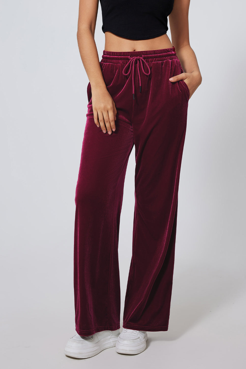 Burgundy Waist Wide Leg Pants